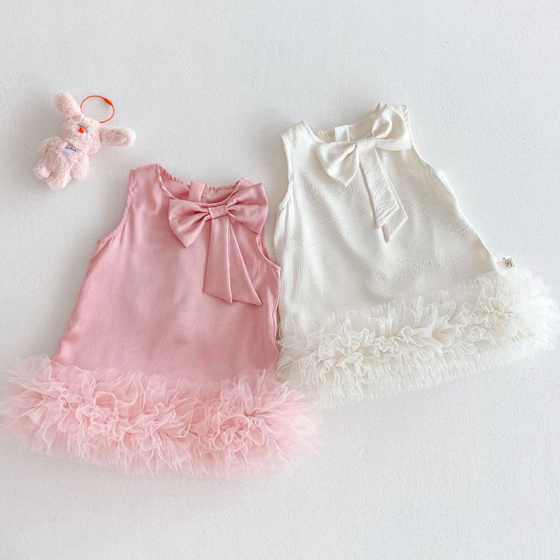 【BABY&KID】夏新作 リボン付きチュールワンカラーお姫様ワンピースSKO71206