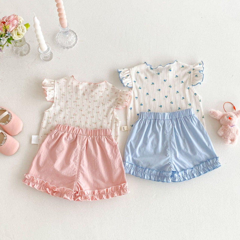 【BABY&KID】夏新作 ニットフリル袖Tシャツ、ョートパンツSK080615