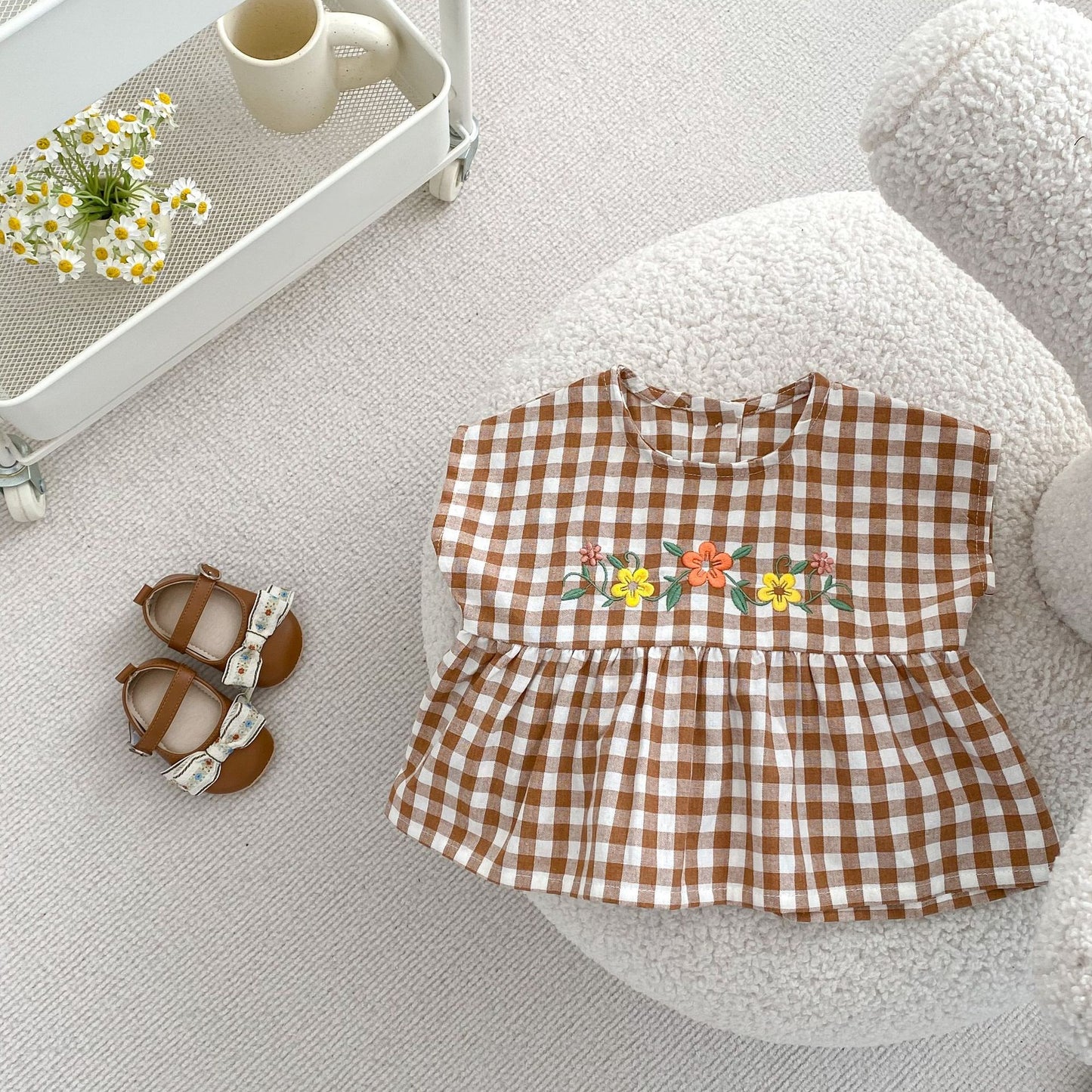 【BABY】夏新作 チェック刺繍フラワーセットSK071604