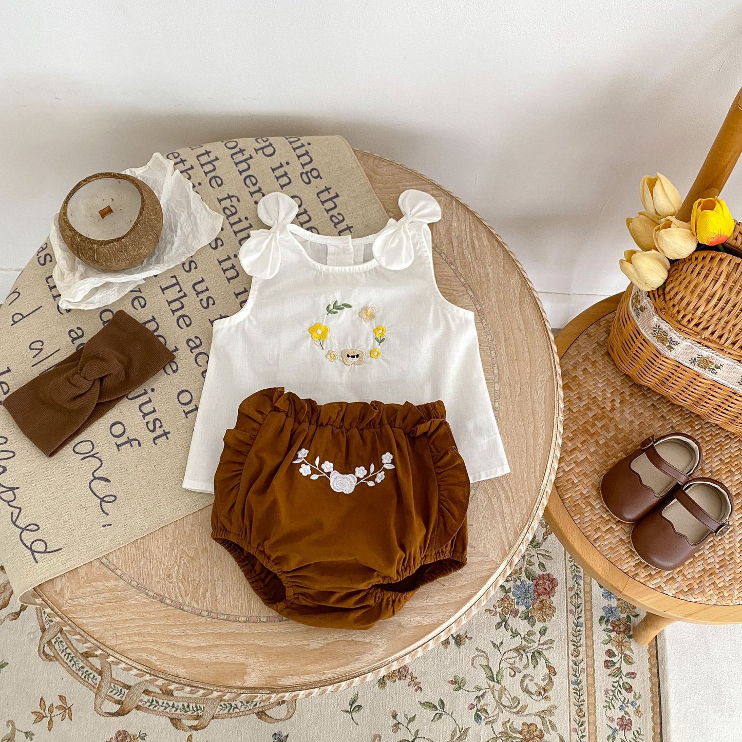 【BABY】夏新作 リボン刺繍ベスト&ショートパンツセットアップSK071608