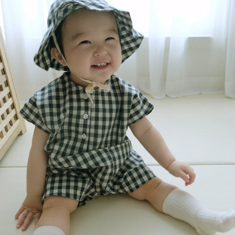 【BABY】夏新作 チェック、無地ロンパース&帽子SK071304