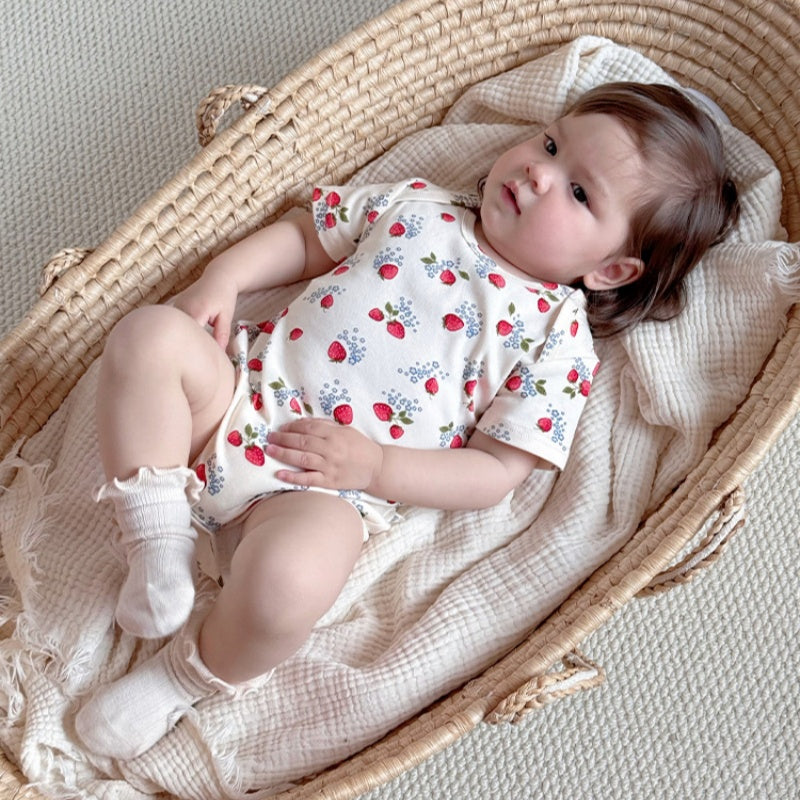 【BABY】夏新作 北欧風いちご、りんご、レモン柄オールインワンSKO71508