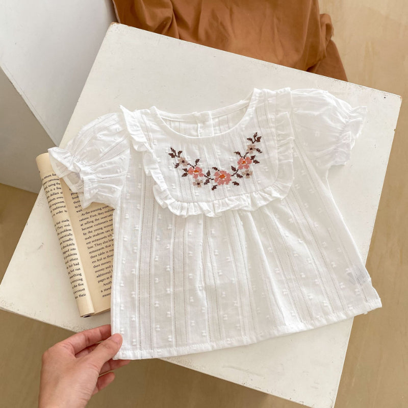 【BABY】夏新作 刺繍入りパフスリーブトップス&フリルショートパンツセットアップSK071919