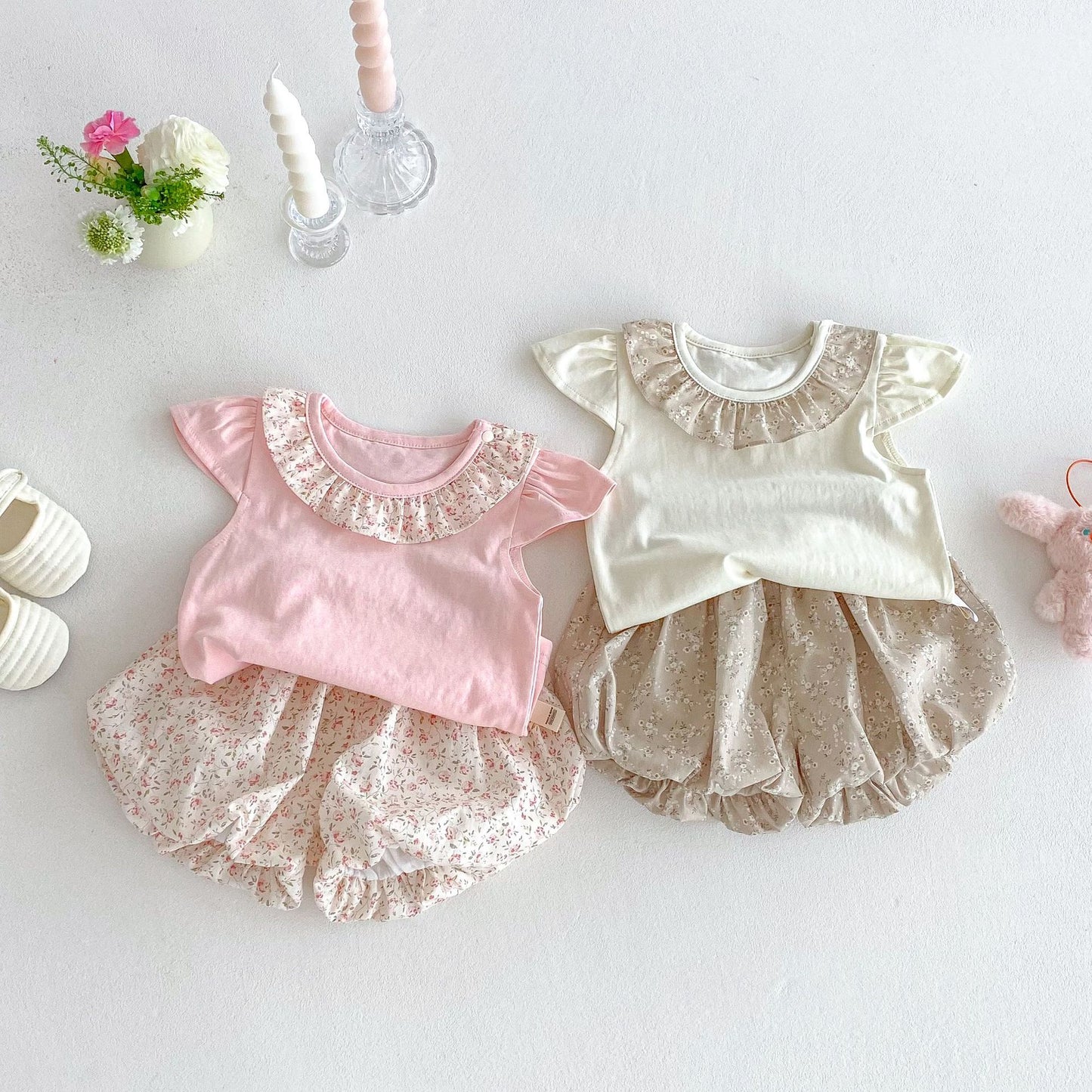 【BABY&KID】夏新作 フリル襟トップス&フラワーパンツSKO71217