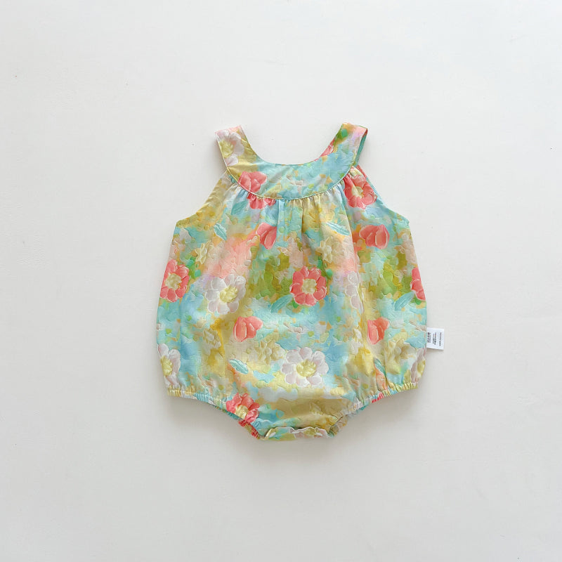 【BABY】夏新作 カラフルフラワーラウンドネックロンパースSK091920