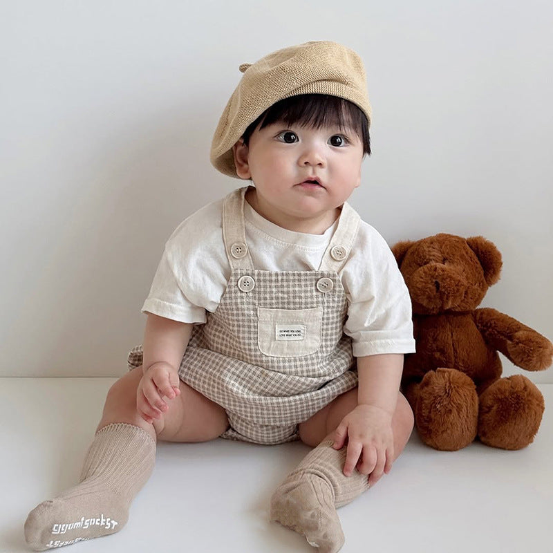 【BABY】夏新作 チェックサロペットロンパース&半袖TシャツSK010201