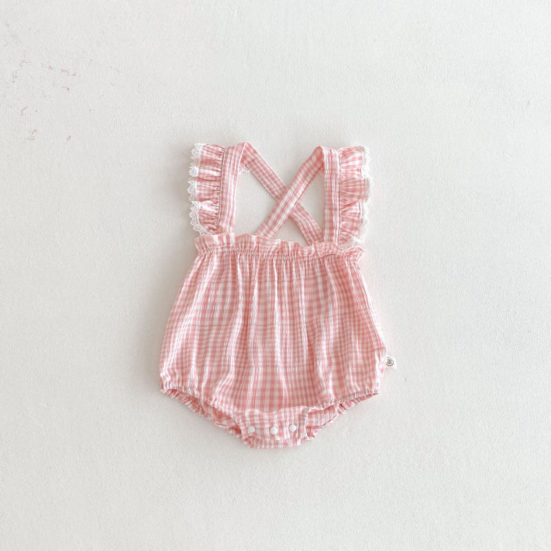 【BABY】夏新作 フリル袖チェックサロペットロンパースSK091924