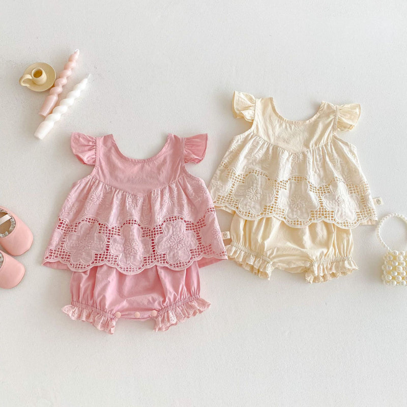 【BABY】夏新作 刺繍フリル袖セットアップSK080601