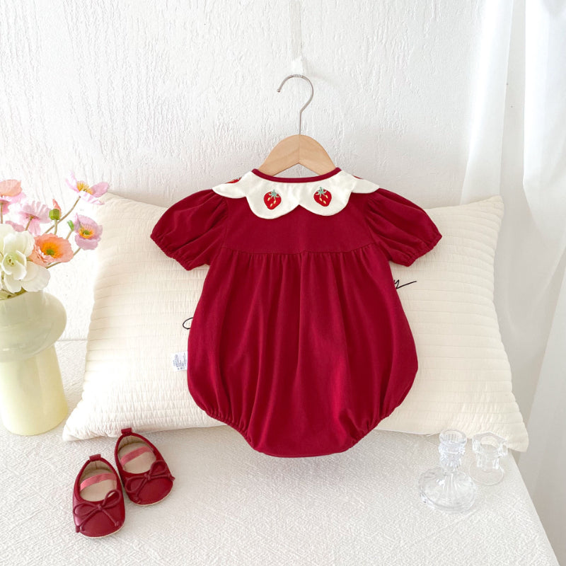 【BABY】夏新作 いちご刺繍パフスリーブロンパースSK092203