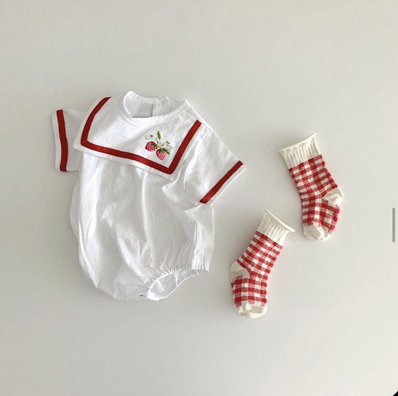 【BABY】夏新作 可愛い刺繍海軍襟ロンパースSK071803