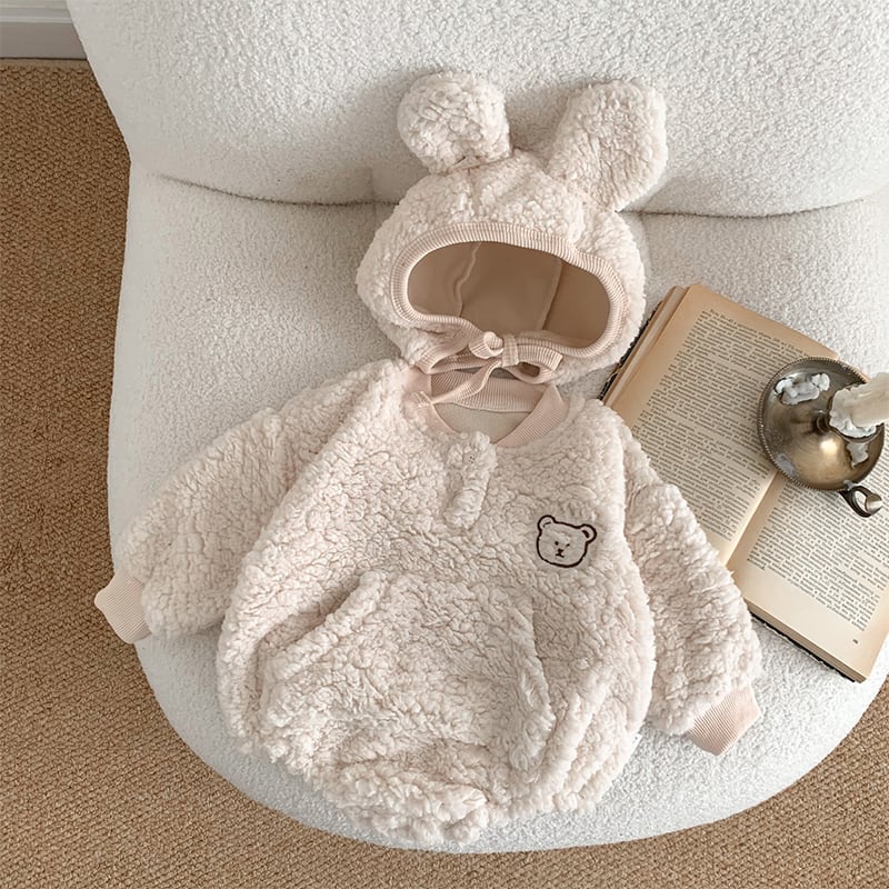 【BABY】冬新作クマ柄帽子付き起毛ロンパース 全2色SK11389