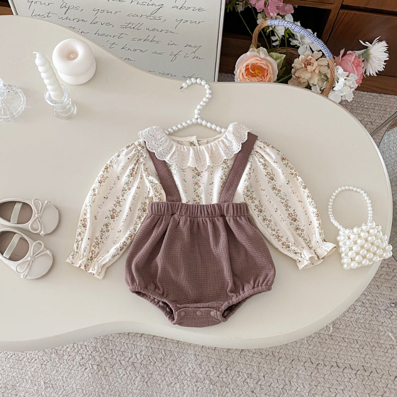 【BABY】フリルカラー花柄トップス&サロペットロンパースSK102417