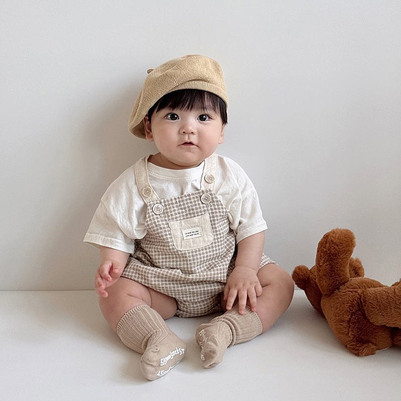 【BABY】夏新作 チェックサロペットロンパース&半袖TシャツSK010201