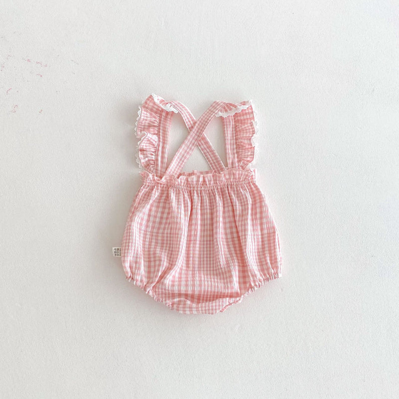 【BABY】夏新作 フリル袖チェックサロペットロンパースSK091924