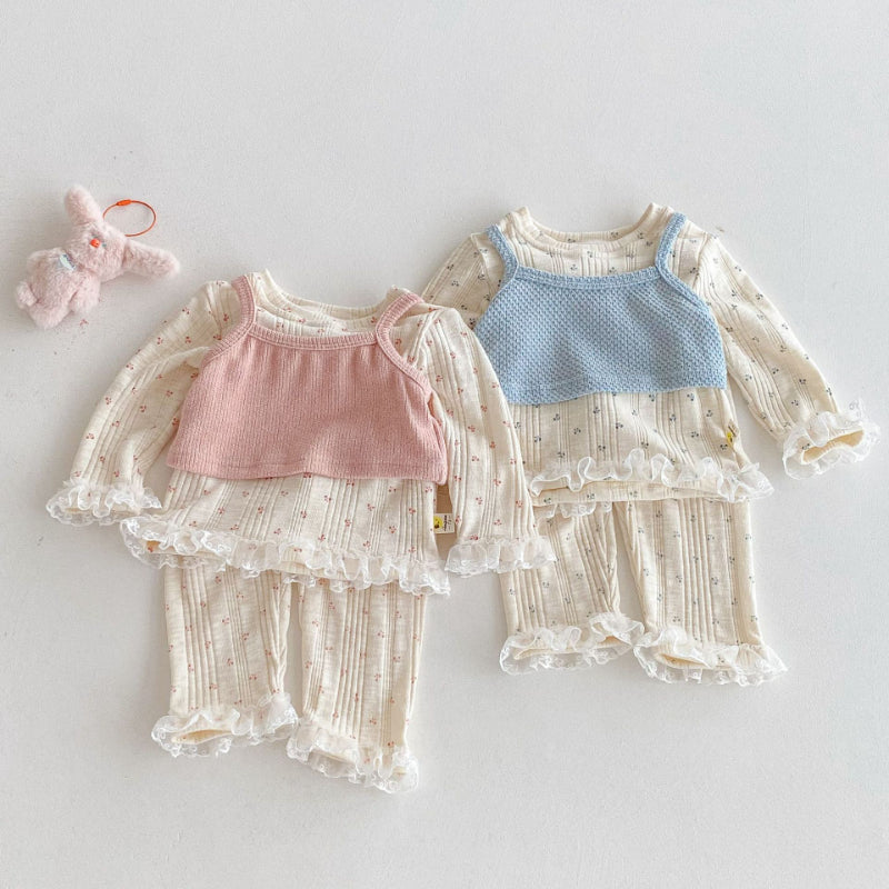 【BABY】花柄レース付きセットアップ&ベスト3点セットSK092416