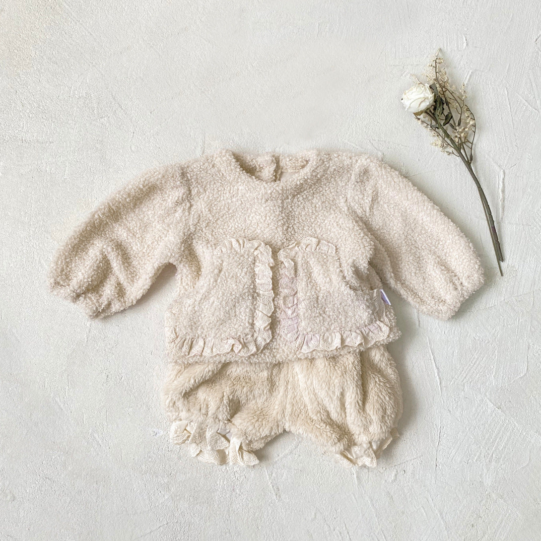 【BABY&KID】冬新作厚手のモコモコの上着+大きなPPパンツの半ズボンセットSK11317