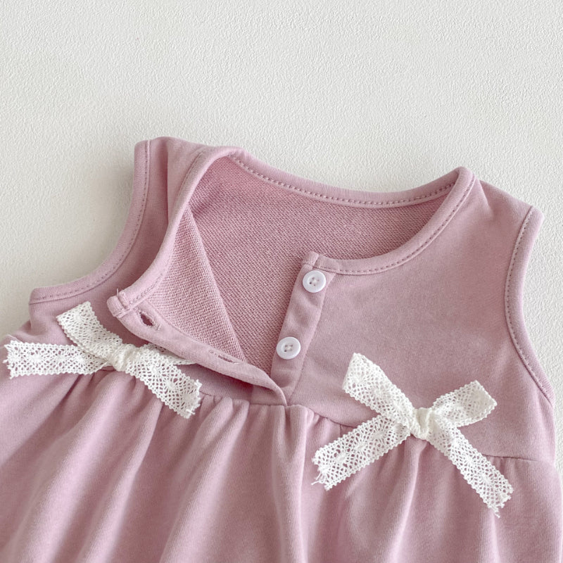 【BABY】リボンクルーネックロンパース、花刺繍カラーTシャツSK100741