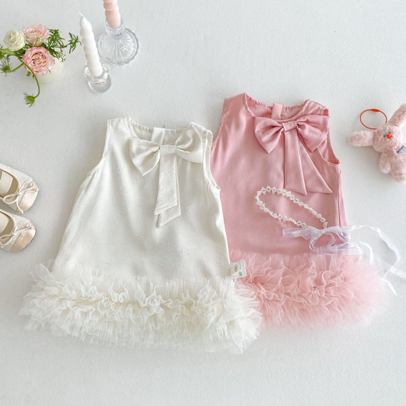 【BABY&KID】夏新作 リボン付きチュールワンカラーお姫様ワンピースSKO71206