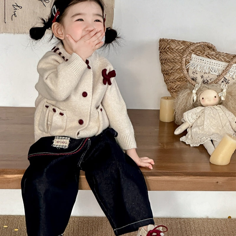 【BABY】ポケット付きニットカーデ、デニムパンツSK102226