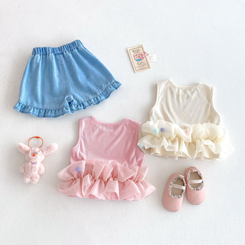 【BABY&KID】夏新作 スイートノースリーブトップス、デニムパンツSK080616