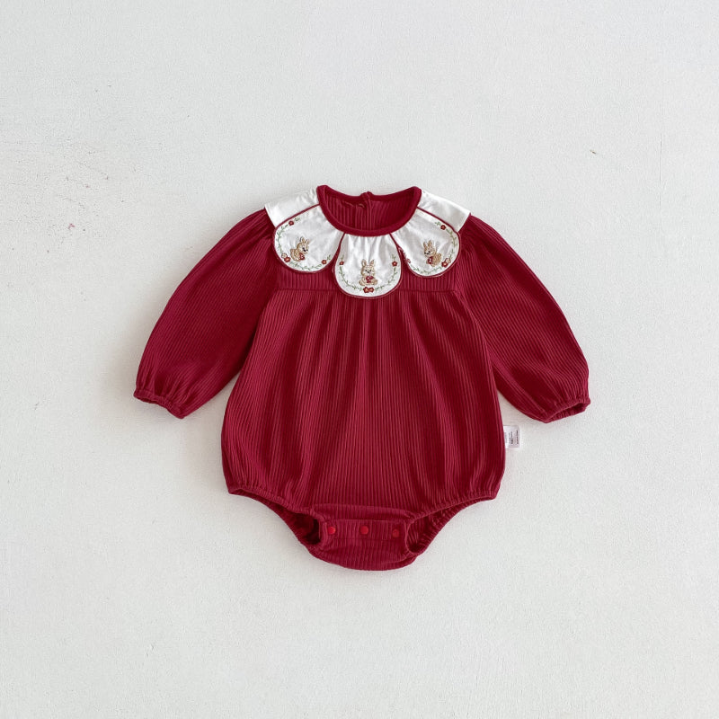 【BABY】小兔刺繍花びら襟ロンパースSK092801