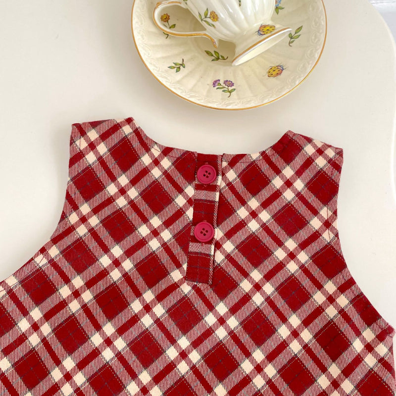【BABY&KID】学院風チェックワンピース、さくらんぼ刺繍襟TシャツSK100842