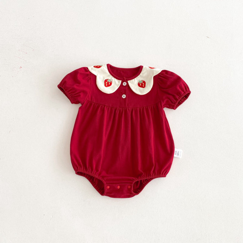 【BABY】夏新作 いちご刺繍パフスリーブロンパースSK092203