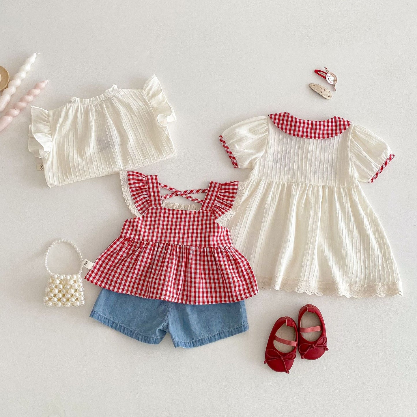 【BABY&KID】夏新作 フリルチェックトップス、ワンピース、デニムパンツSK062321
