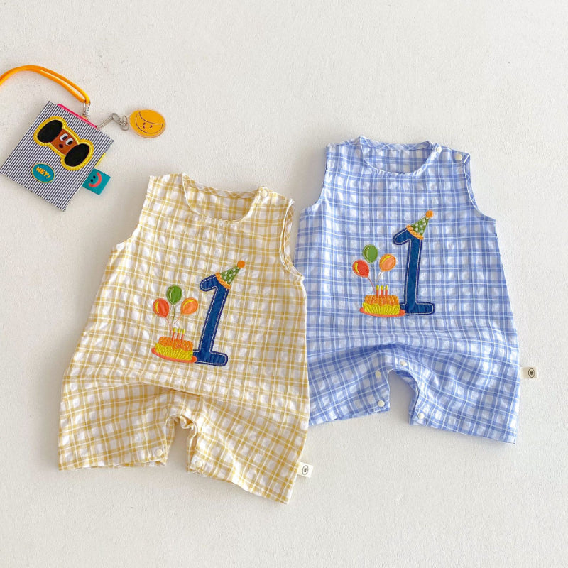 【BABY】夏新作 ベビー誕生日チェックノースリーブロンパースSK070115