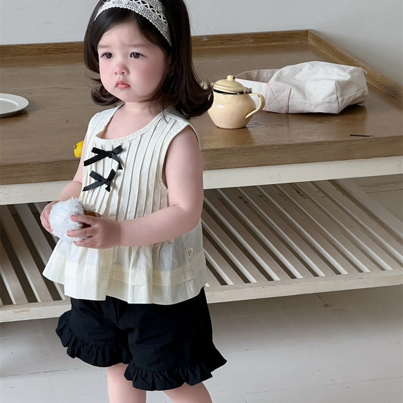 【BABY】夏新作 ダブル蝶結びブラウス、フリルショートパンツSK092219