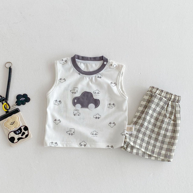 【BABY&KID】夏新作 車ロゴノースリーブ、チェックパンツSK080612