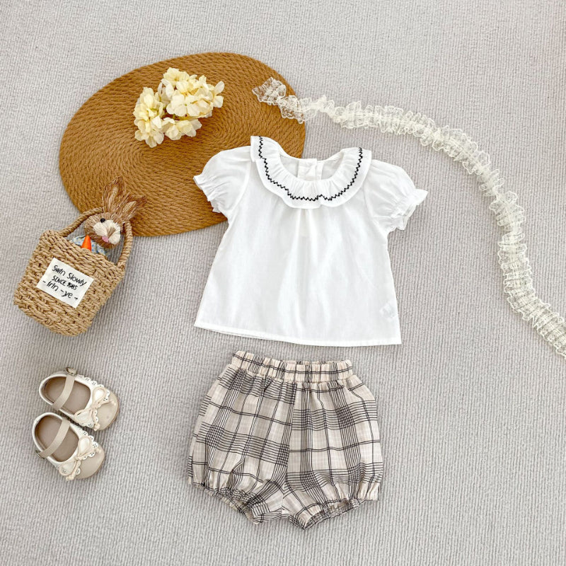 【BABY&KID】夏新作 刺繍フリル襟トップス&チェックショートパンツSK081524