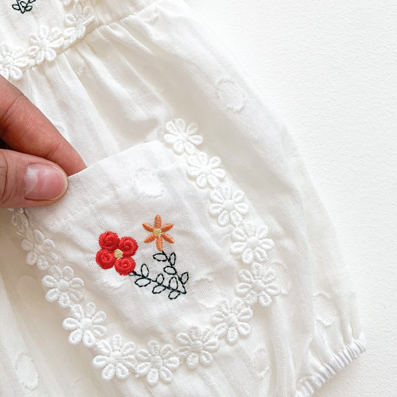 【BABY】夏新作 花刺繍スクエアネックロンパースSK090704