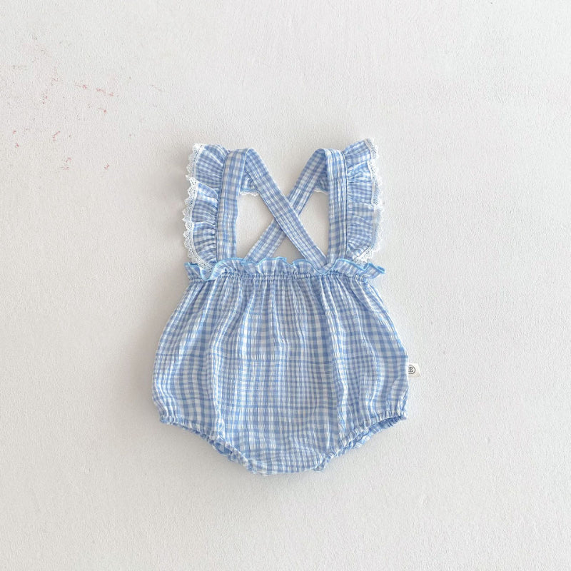 【BABY】夏新作 フリル袖チェックサロペットロンパースSK091924