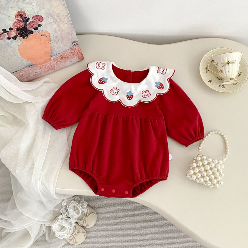 【BABY】イチゴ小兔刺繍襟ロンパースSK092813