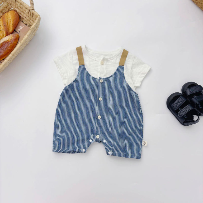 【BABY】夏新作 ストライプ風フェイクレイヤードカバーオールSK090707