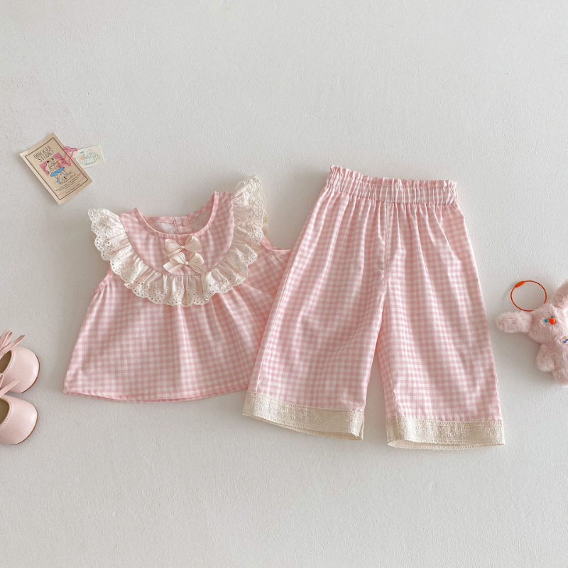 【BABY&KID】夏新作 リボンレースチェックトップス&パンツセットSK070207