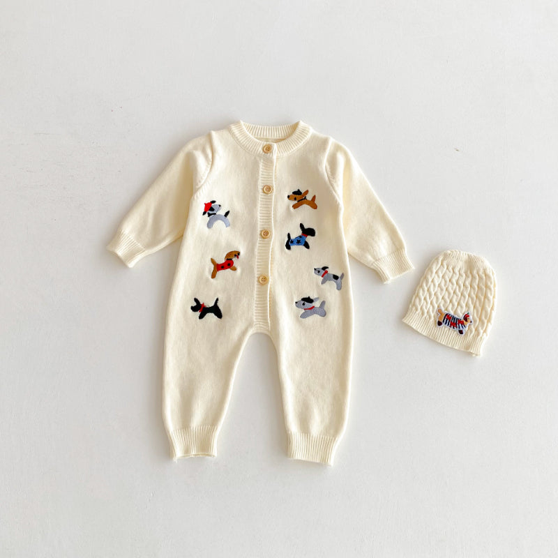 【BABY】ワンちゃん刺繍ニットカバーオール&帽子SK092505