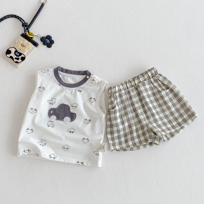 【BABY&KID】夏新作 車ロゴノースリーブ、チェックパンツSK080612