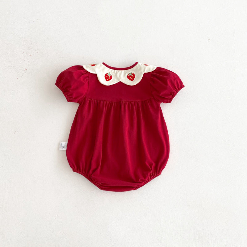 【BABY】夏新作 いちご刺繍パフスリーブロンパースSK092203