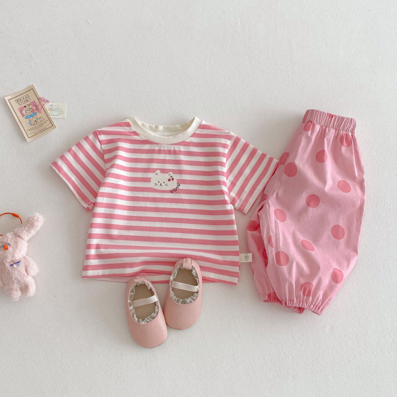 【BABY&KID】夏新作 ネコプリントTシャツ、ワンピ、サロペット、ドットパンツセットSKO71201