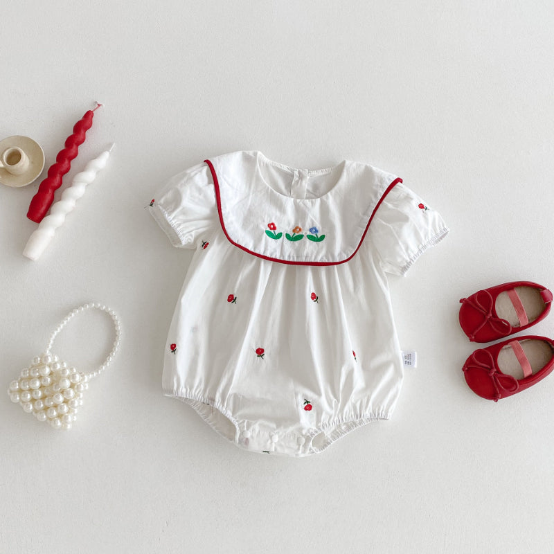 【BABY】夏新作 スクエアネック刺繍ロンパースSK091516