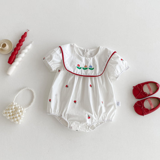 【BABY】夏新作 スクエアネック刺繍ロンパースSK091516