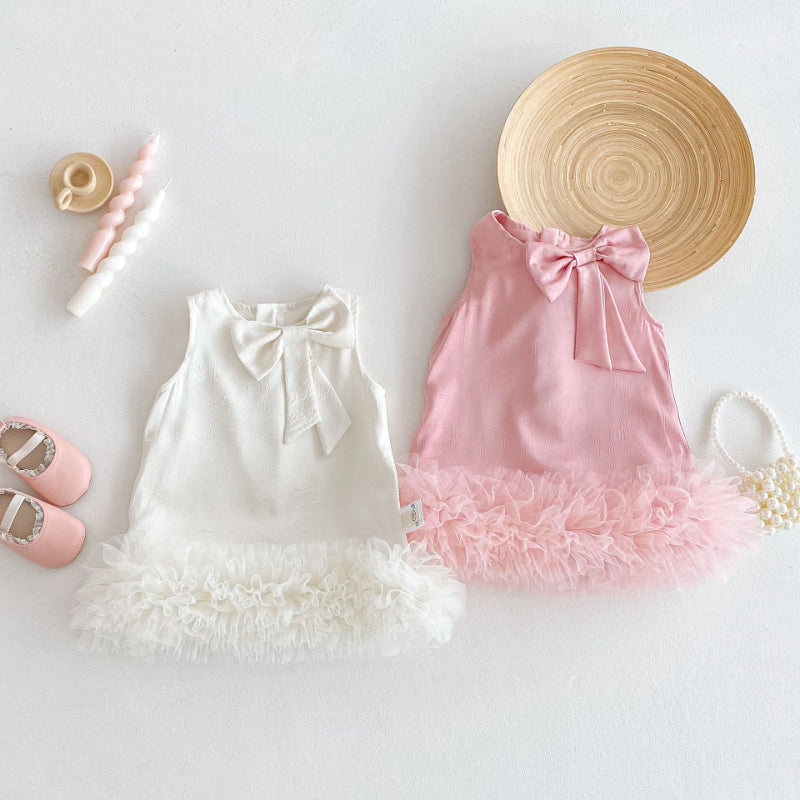 【BABY&KID】夏新作 リボン付きチュールワンカラーお姫様ワンピースSKO71206