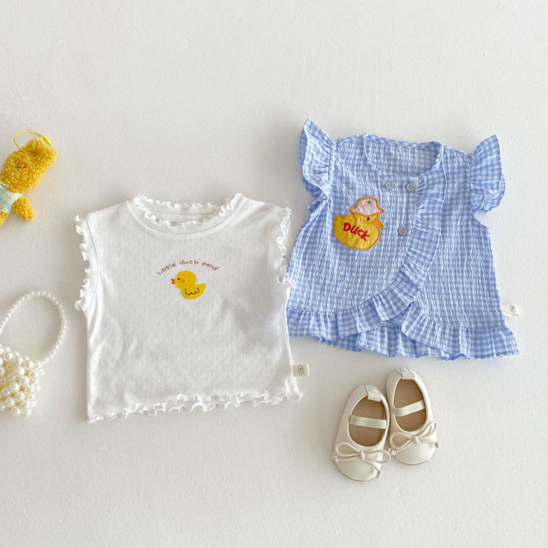 【BABY&KID】夏新作 アヒルブルーチェックロンパース、ワンピース、ベスト、Tシャツ、オーバーオールSK070515