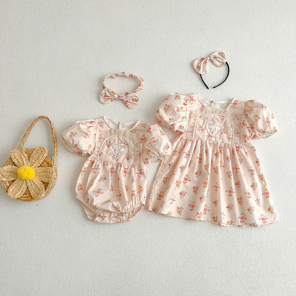 【姉妹服】夏新作 ピンク小花柄ロンパース、ワンピースSK081632