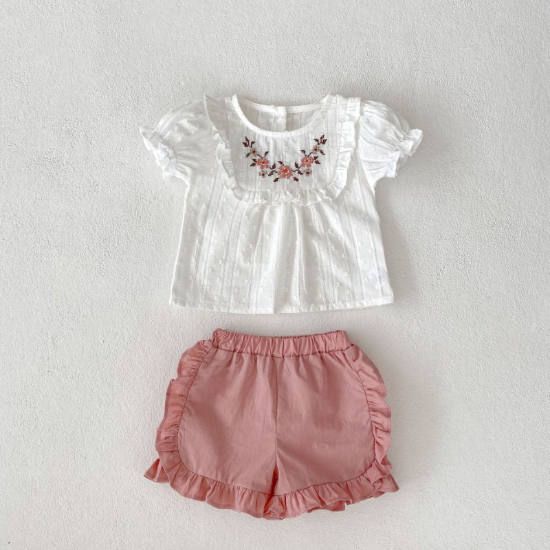 【BABY】夏新作 刺繍入りパフスリーブトップス&フリルショートパンツセットアップSK071919