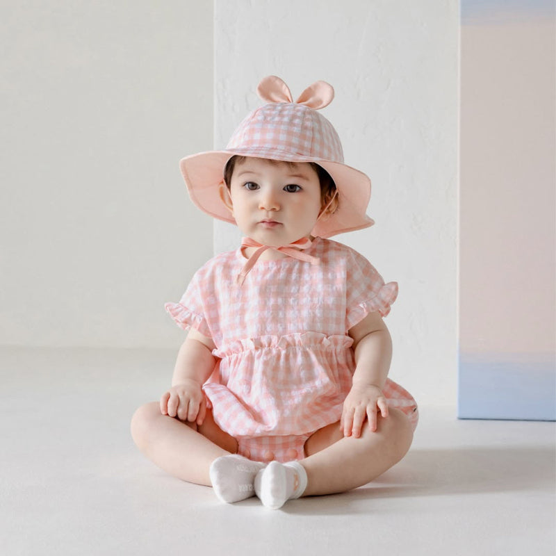 【BABY】夏新作 チェック柄ロンパース&帽子SK082516