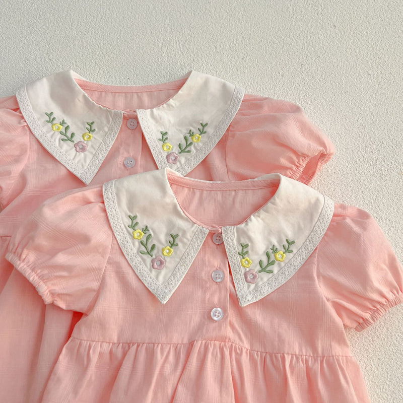【姉妹服】夏新作 刺繍フラワー襟ロンパース、ワンピースSK081621