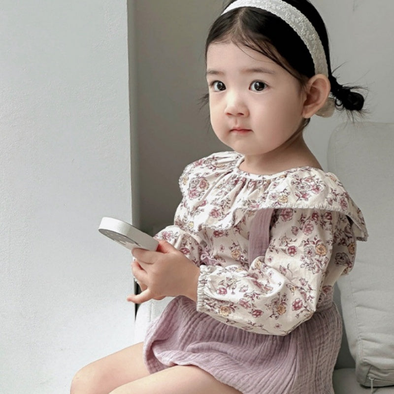 【BABY】小花柄フリルブラウス&ダブルガーゼサロペットロンパースSK100433